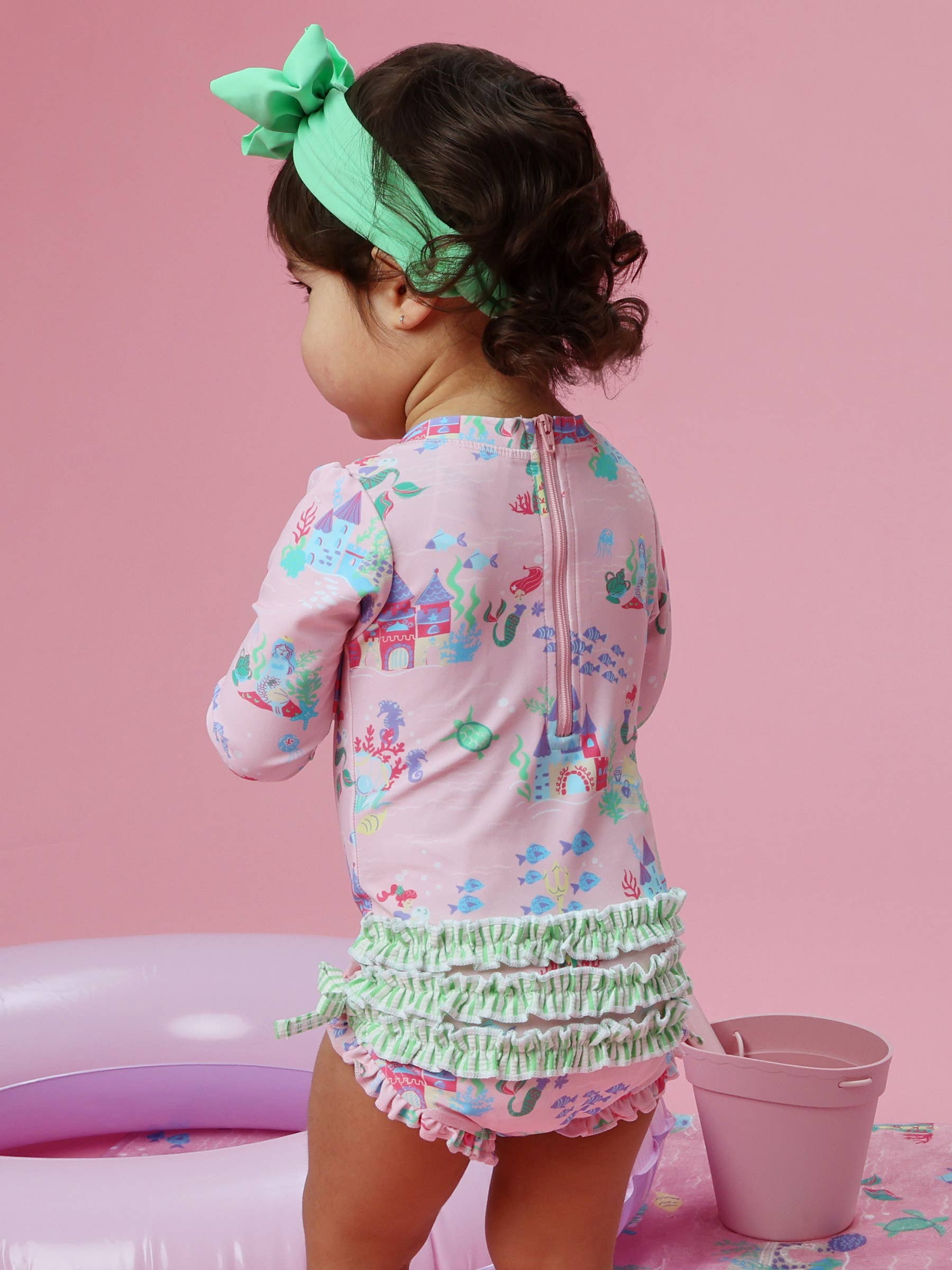 Baby Girls Atlantis Mermaids Long Sleeve One Piece Rash Guard Swimsuit