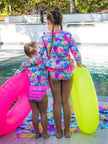 Girls Neon Ocean Coral Long Sleeve Rash Guard 2-Piece Swimsuit with Signature Rear Ruffles
