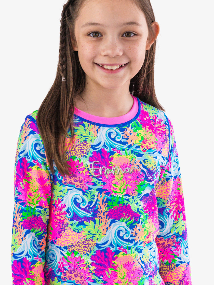 Girls Neon Ocean Coral Long Sleeve Rash Guard 2-Piece Swimsuit