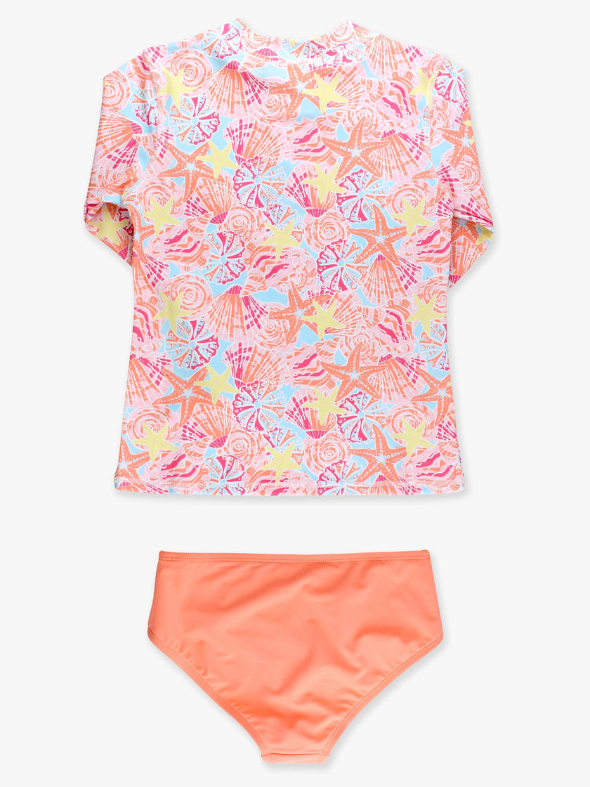 Tween Girls Sunset Seashells Long Sleeve Zipper Rash Guard 2-Piece Swimsuit
