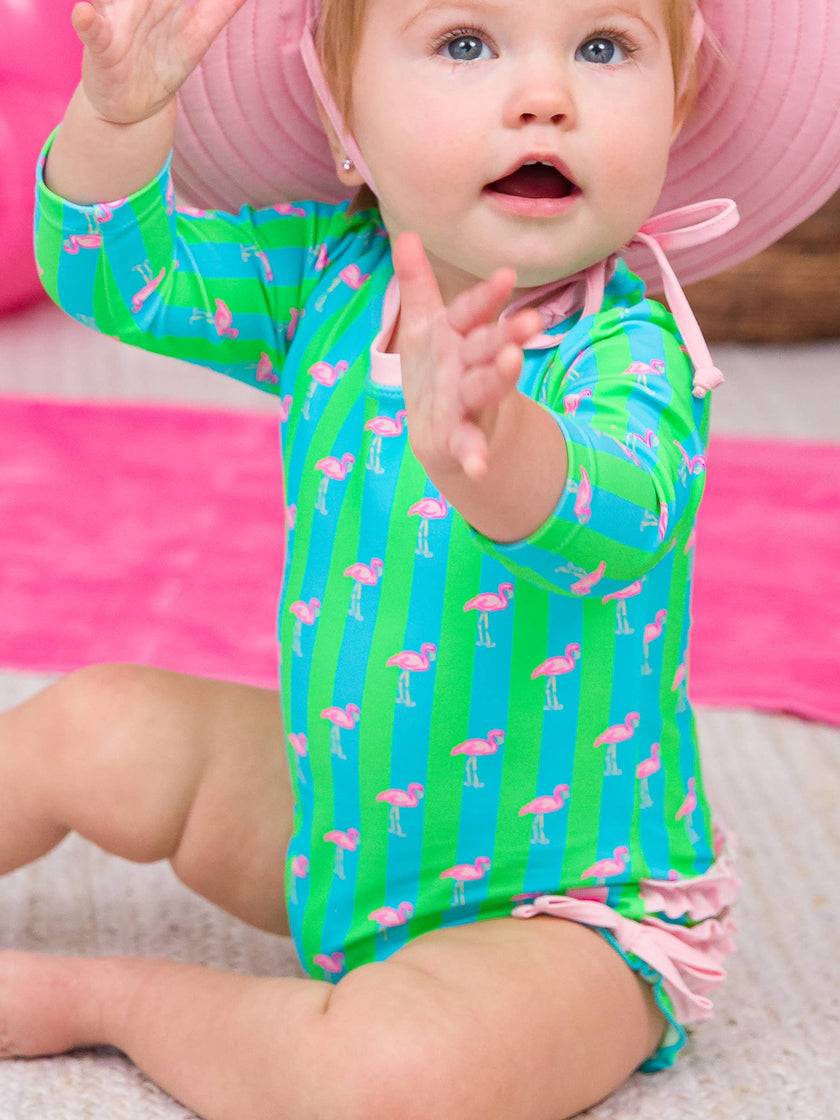 Neon Flamingo Stripe Long Sleeve One Piece Rash Guard
