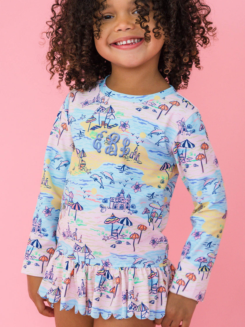 Girls Beach Day Scallop Hem Long Sleeve Rash Guard 2-Piece Swimsuit with Signature Rear Ruffles