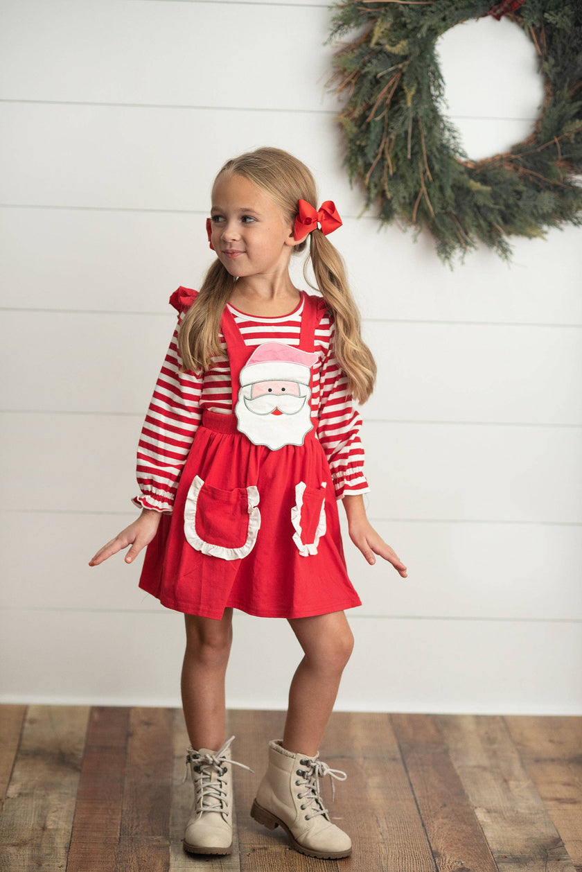 Kids Striped Santa Ruffle Pocket Pinafore Christmas Set 10/12