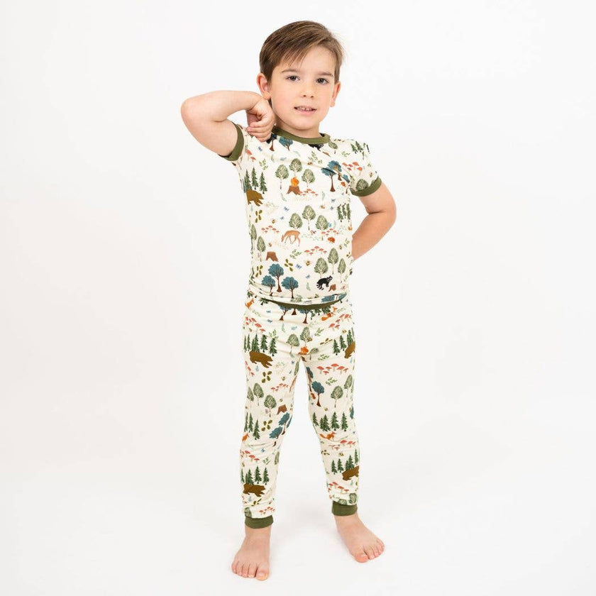 In the Woods Two-Piece Bamboo Short Sleeve Kids Pajama Pants Set