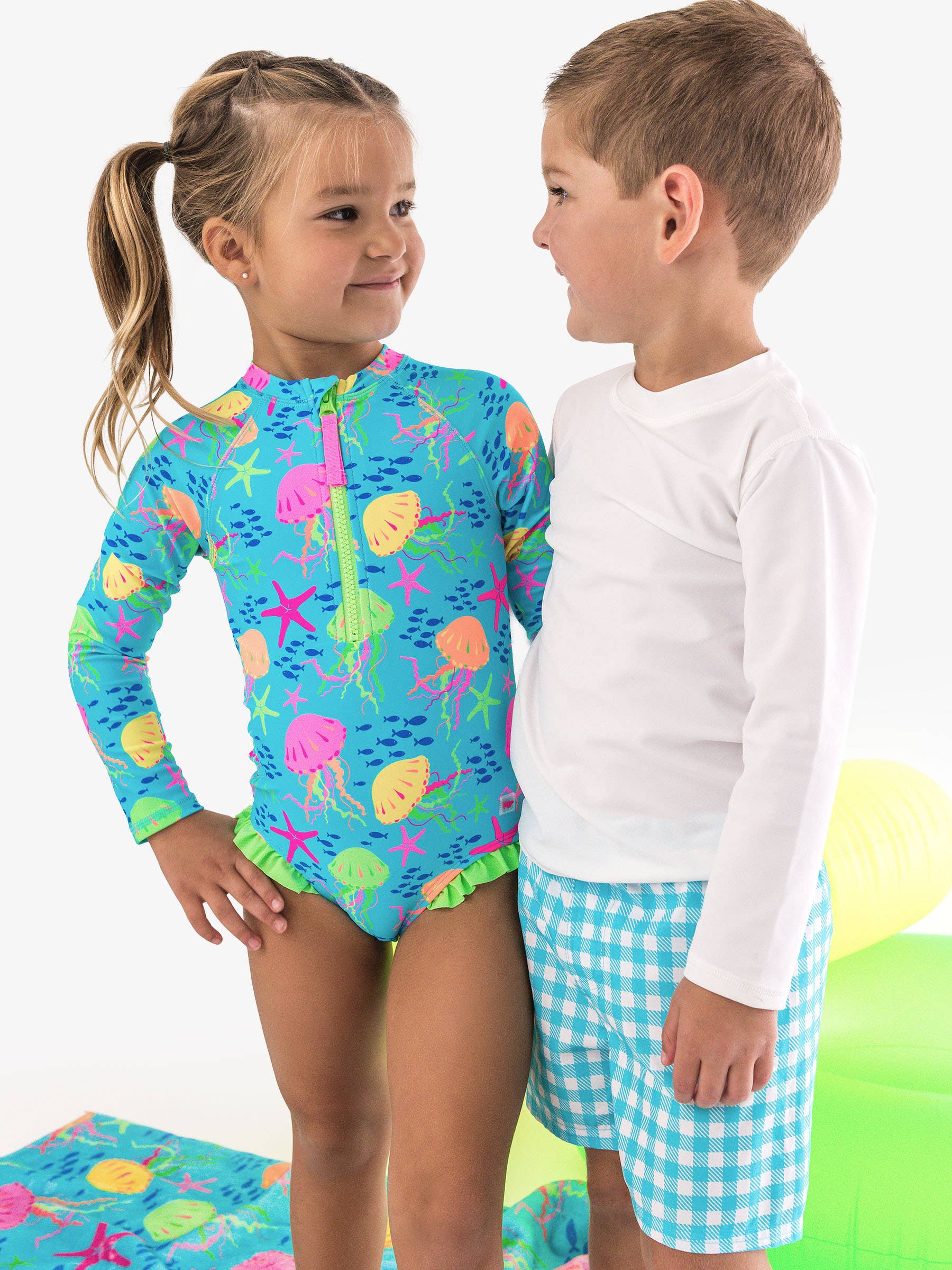 Girls Neon Jelly Time Long Sleeve One Piece Rash Guard Swimsuit