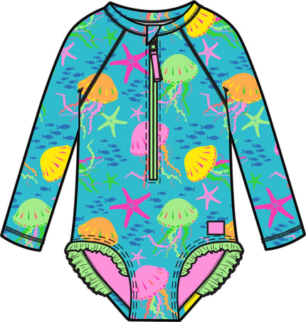 Girls Neon Jelly Time Long Sleeve One Piece Rash Guard Swimsuit