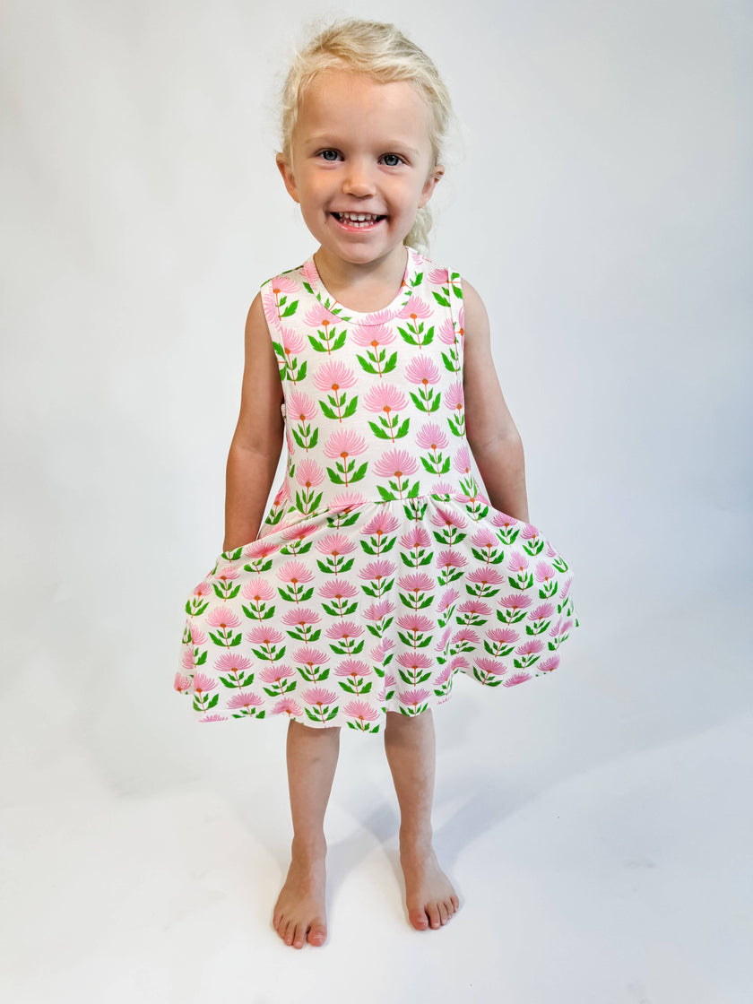 Pink Block Bamboo Flowers Sleeveless Pocket Dress