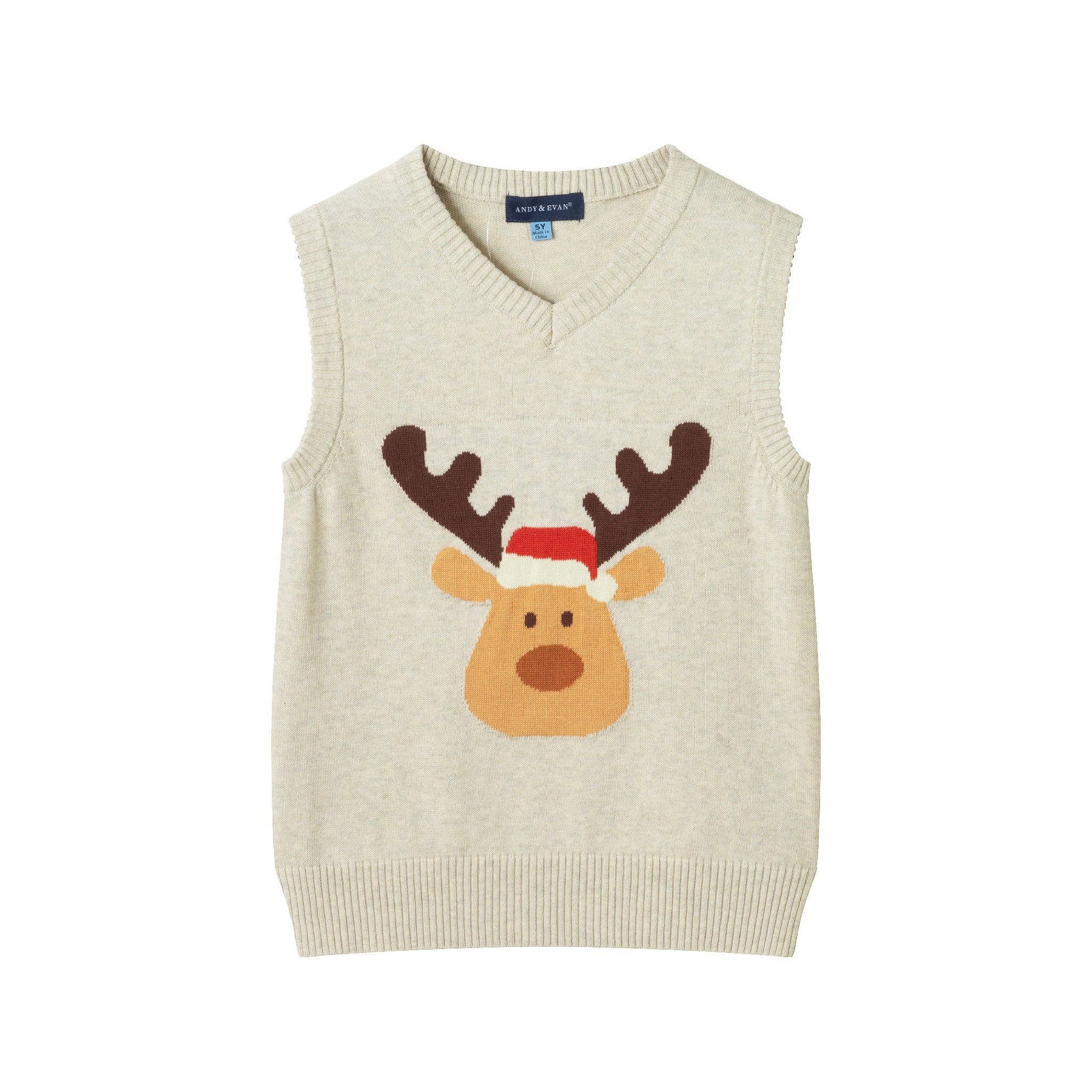 Kids Sweater Vest Holiday Set | Beige Reindeer