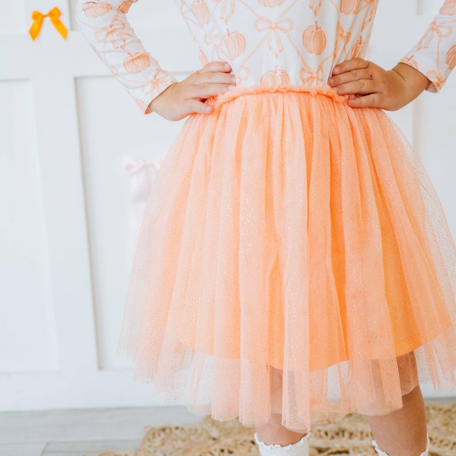 Pumpkin Bow Trellis Long Sleeve Tutu Dress - Kids Clothing
