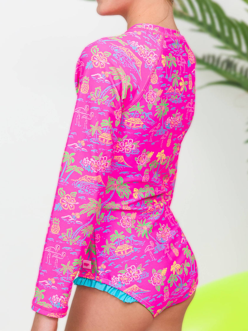Neon Island Time Long Sleeve Rash Guard One Piece