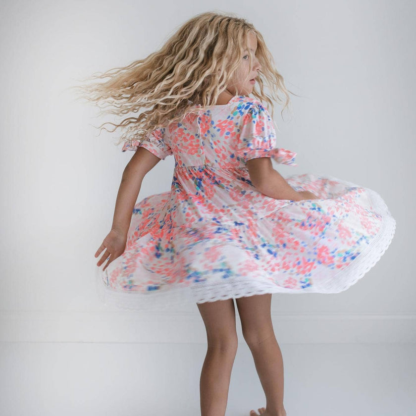 Kids Pink & Blue Lace Tiered Square Neck Dress