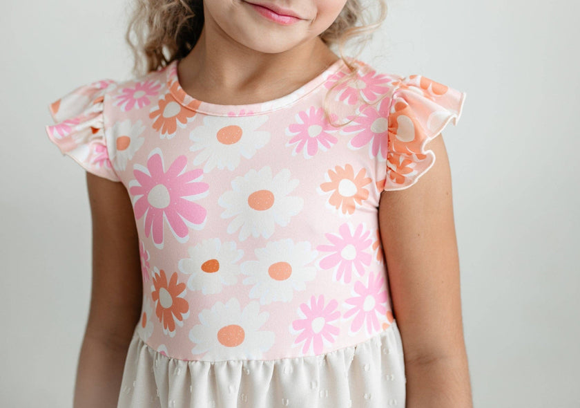 Girls Pink & Beige Retro Floral Swiss Dot Spring Twirl Dress