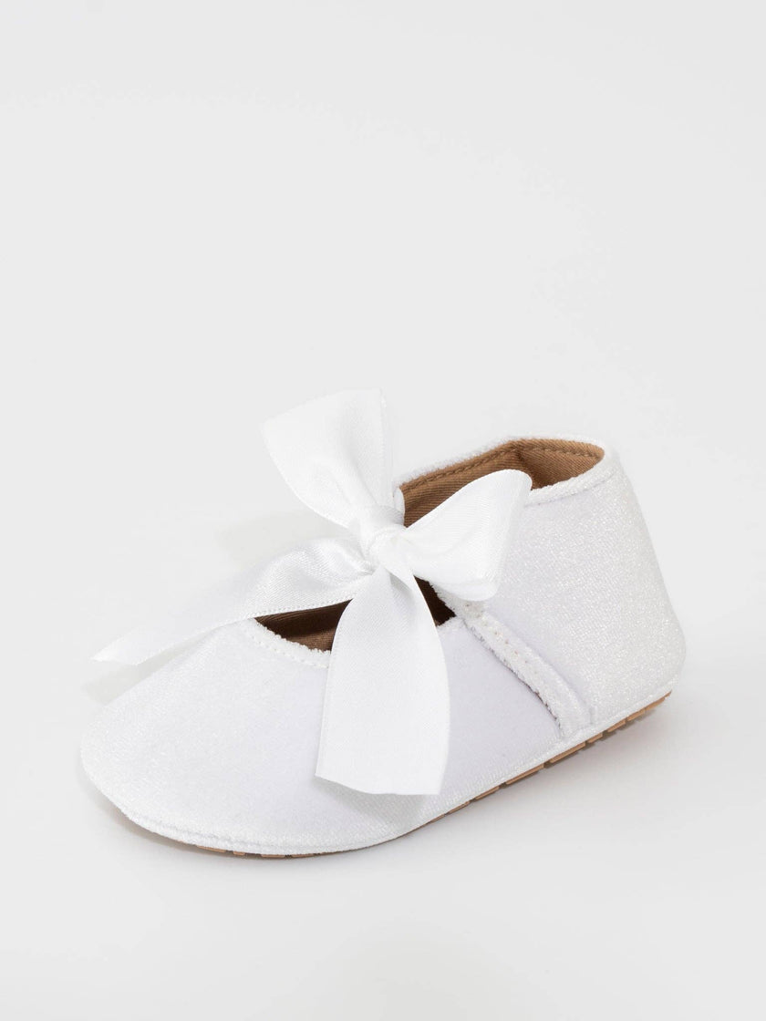 Velvet Ribbon Bow Baby Shoe White