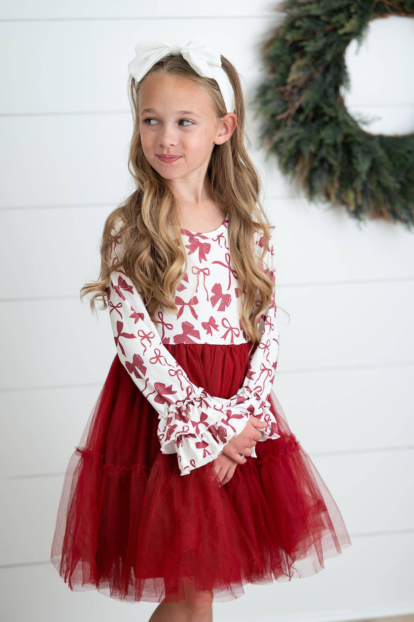 Girls Ella Berry Red Bow Holiday Christmas Twirl Dress