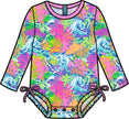 Baby Girls Neon Ocean Coral Long Sleeve One Piece Rash Guard Swimsuit with Signature Rear Ruffles