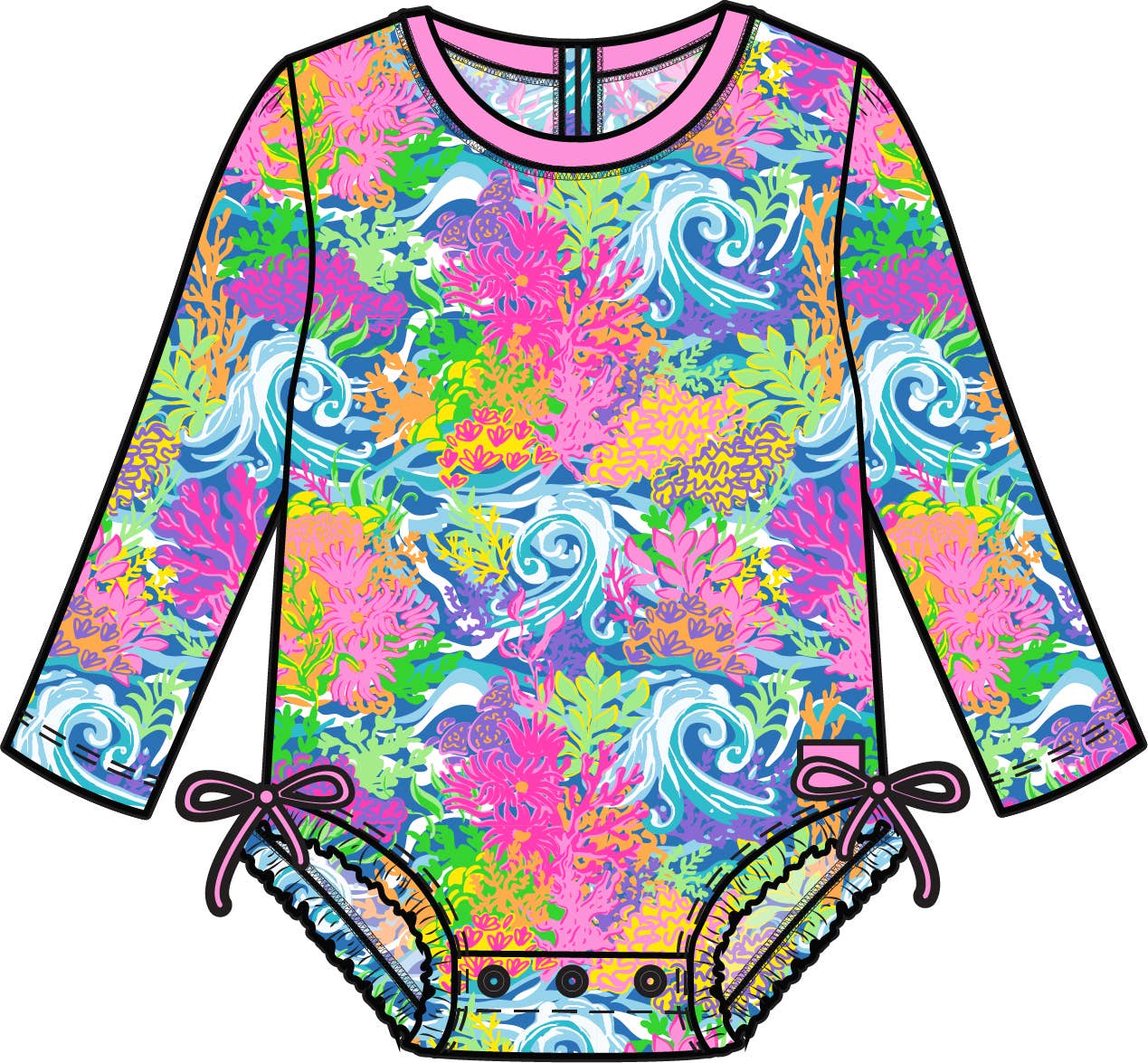 Baby Girls Neon Ocean Coral Long Sleeve One Piece Rash Guard Swimsuit with Signature Rear Ruffles