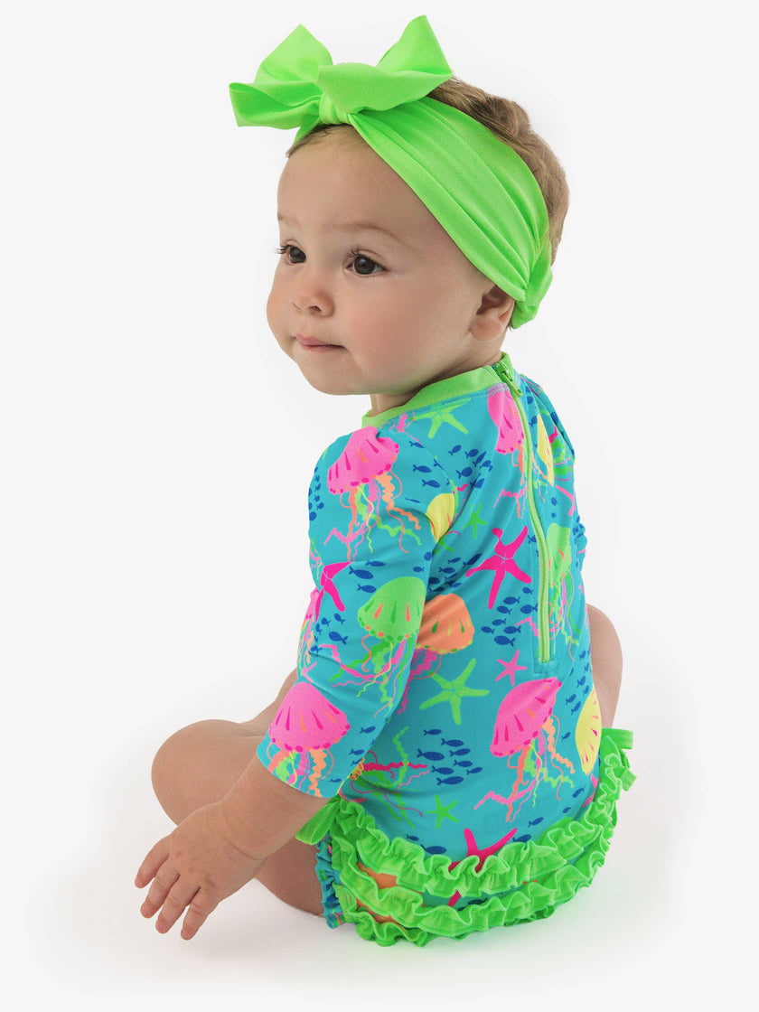 Baby Girls Neon Jelly Time Long Sleeve One Piece Rash Guard Swimsuit