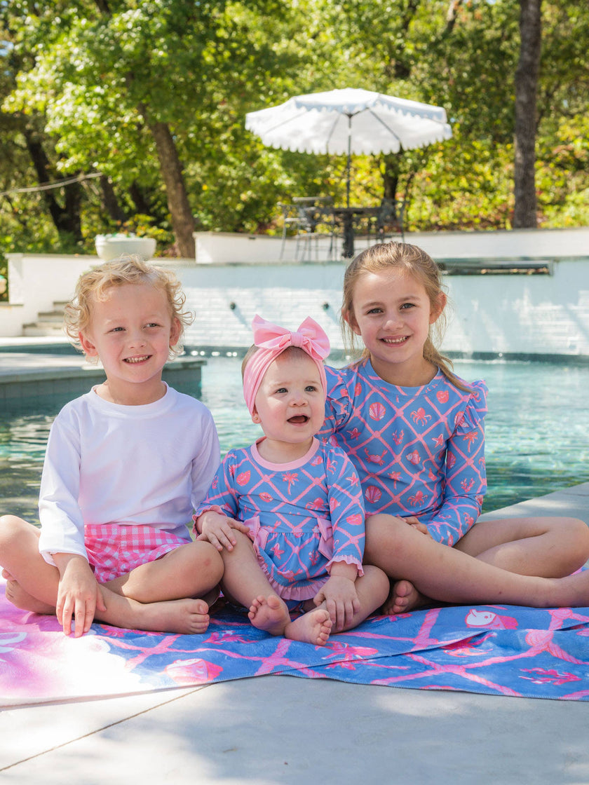 Girls Tropical Trellis Flutter Long Sleeve Rash Guard Skirted 2-Piece Swimsuit