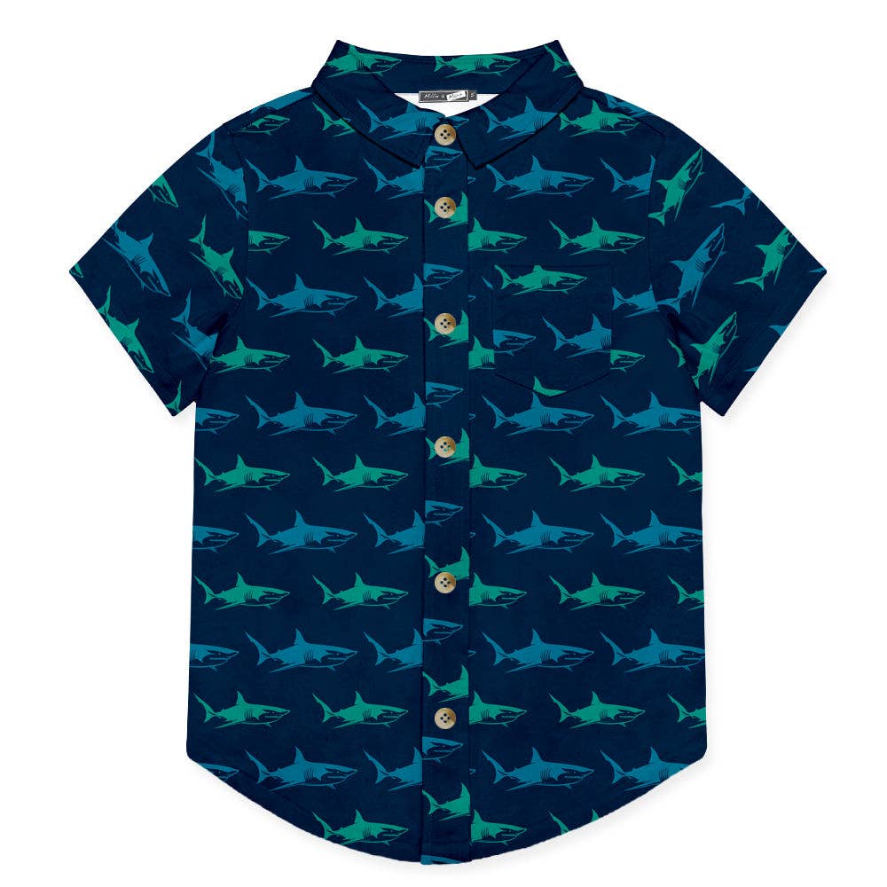 Kids Blue Shark Short-Sleeve Button-Up