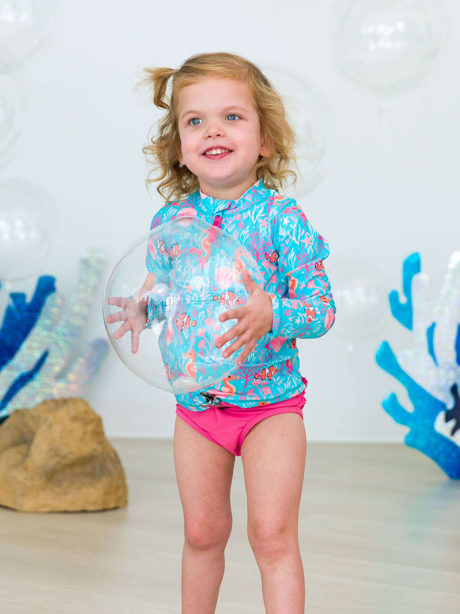 Ocean Tides Girls Long Sleeve Zipper Rash Guard 2-Piece Swimsuit