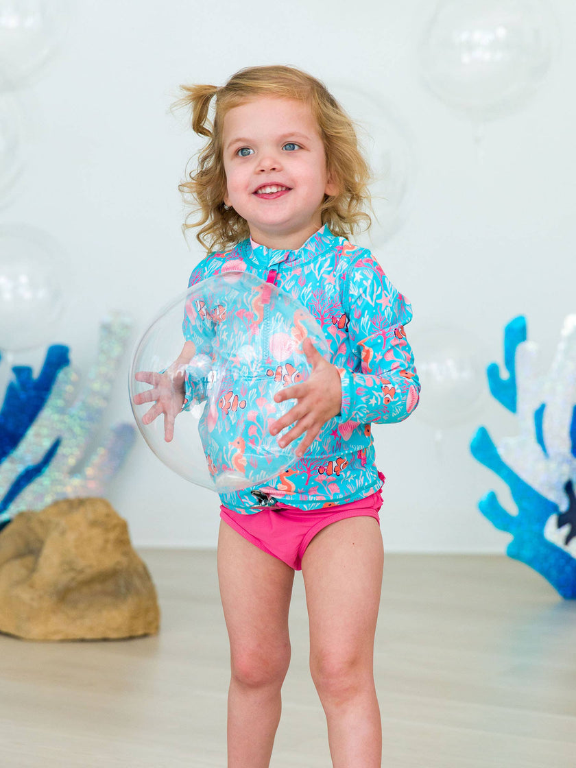 Ocean Tides Girls Long Sleeve Zipper Rash Guard 2-Piece Swimsuit