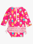 Baby Girls Sweet Scoops Ice Cream Long Sleeve One Piece Rash Guard Swimsuit with Signature Rear Ruffles