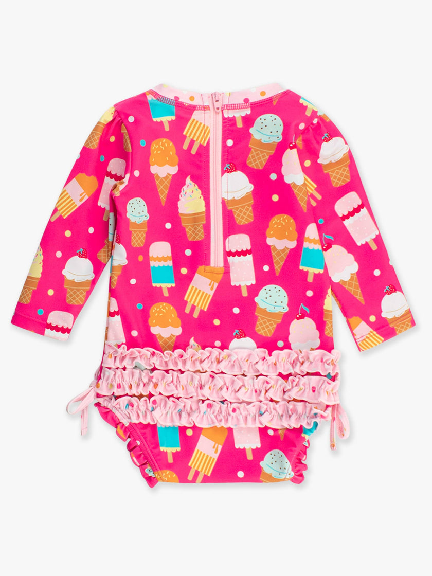 Baby Girls Sweet Scoops Ice Cream Long Sleeve One Piece Rash Guard Swimsuit with Signature Rear Ruffles
