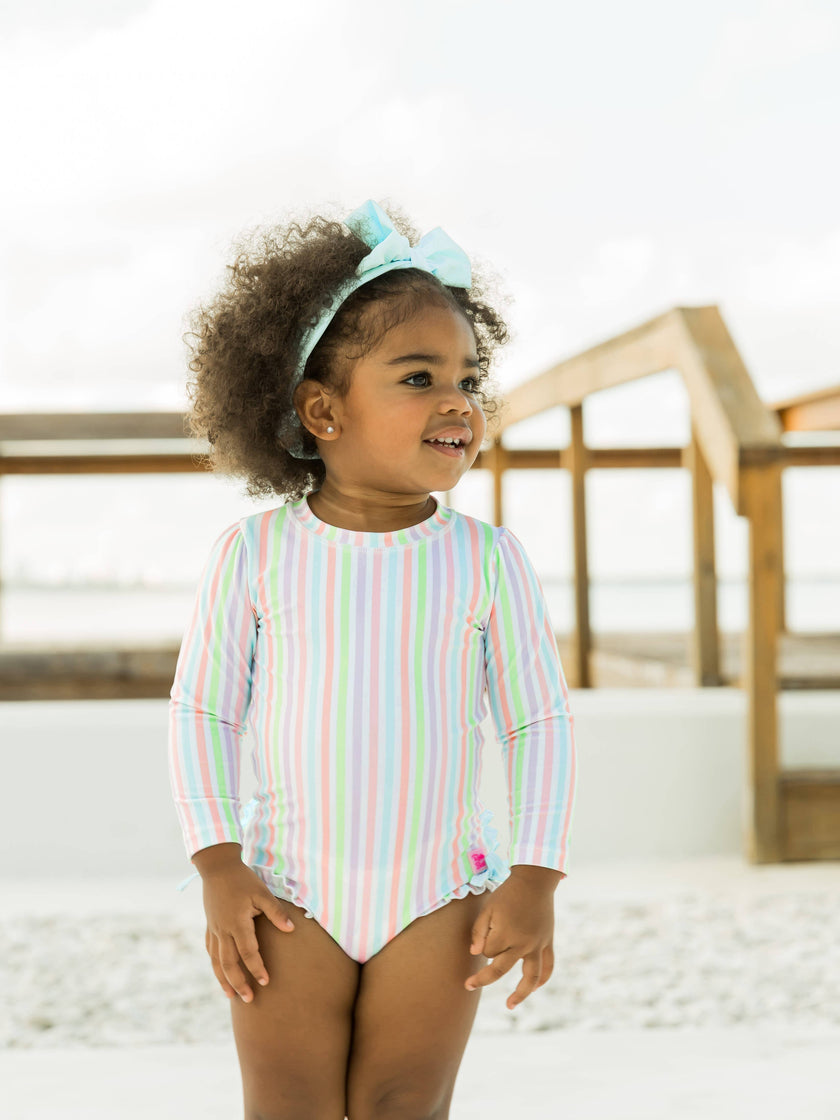 Pale Rainbow Stripe Long Sleeve One Piece Rash Guard