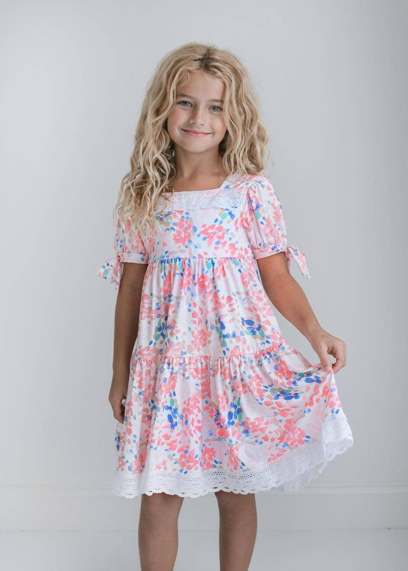 Kids Pink & Blue Lace Tiered Square Neck Dress