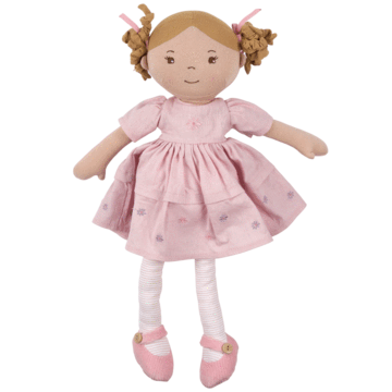Amelia is a soft doll toy and is wearing a beautiful pink all-natural linen pink dress with matching shoes, stripy pink tights, and pink hair ribbons. Amelia's dress is removable for easy cleaning or you could dress her up in a different outfit for a special occasion. Included is our Bonikka Doll box to make it a beautiful presentation. Size: 16.5 in Age Recommendation: 0+ months Item Number: 51653 Features: Soft body doll with plush hair and embroidered facial features. Dress - 70% Cotton 30% Flax Legs - 1