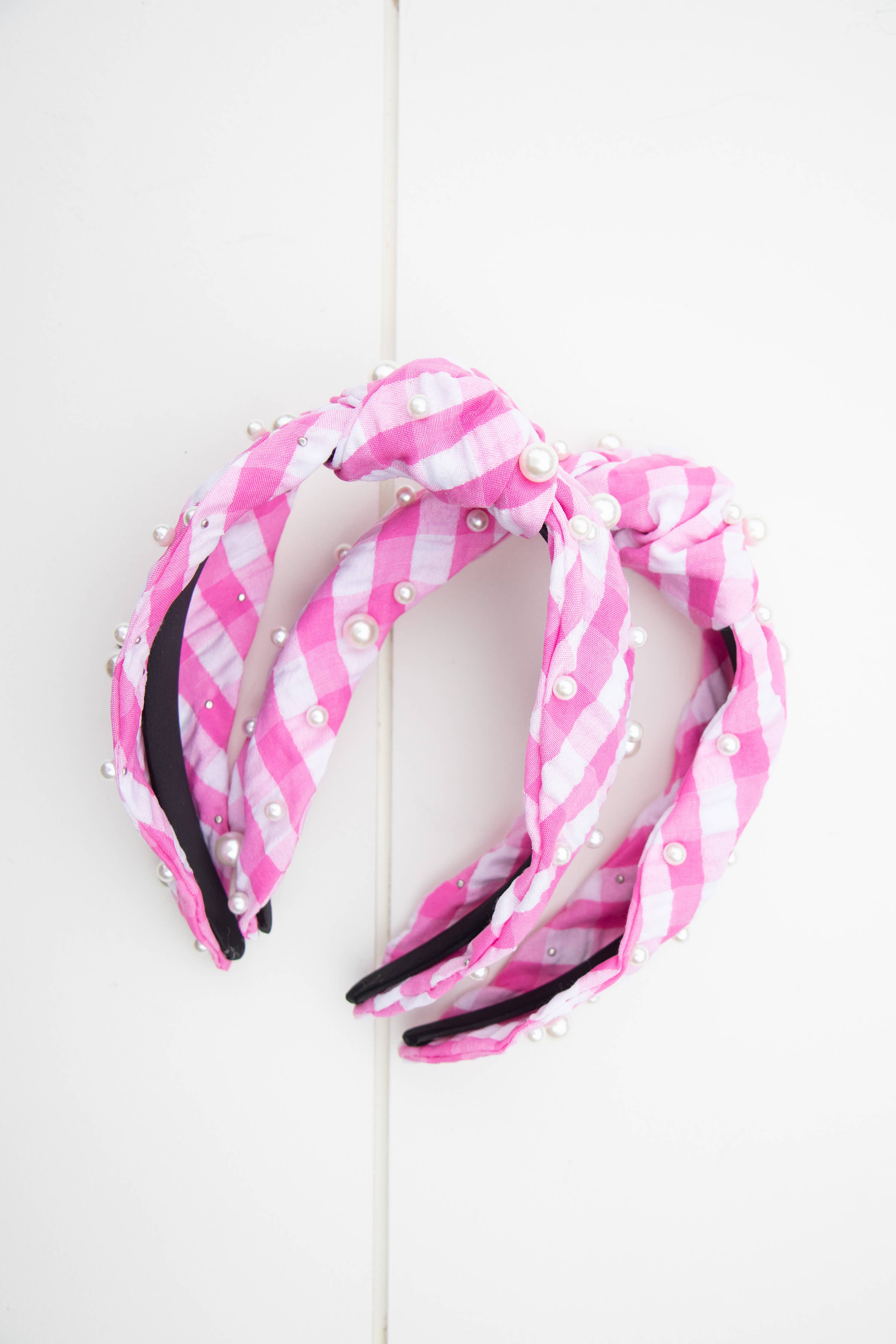 Pink Gingham Pearl Headband