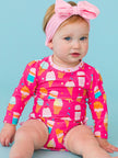 Baby Girls Sweet Scoops Ice Cream Long Sleeve One Piece Rash Guard Swimsuit with Signature Rear Ruffles