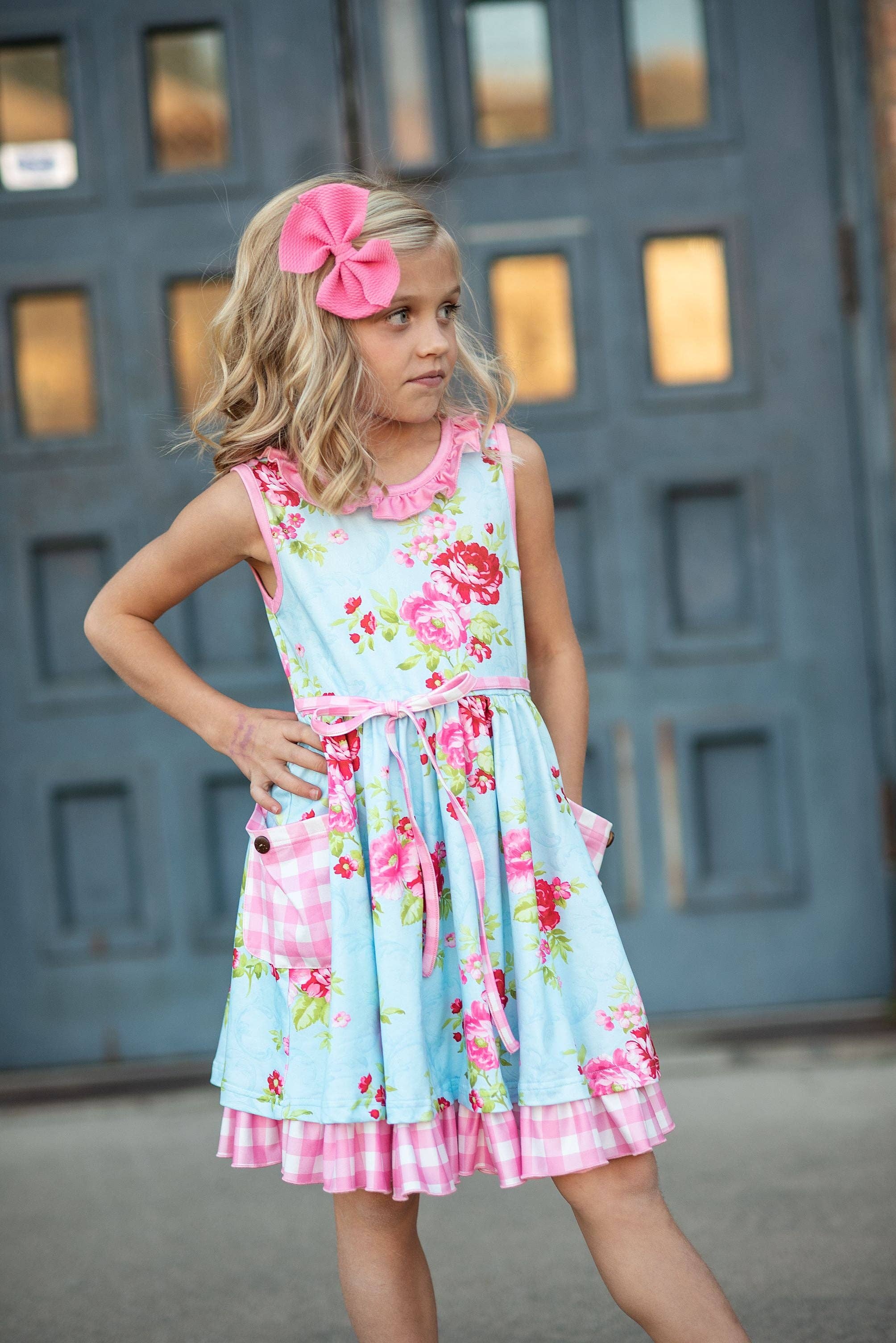 Kids Pink & Blue Floral Gingham Check Pocket Ruffle Dress