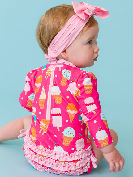 Baby Girls Sweet Scoops Ice Cream Long Sleeve One Piece Rash Guard Swimsuit with Signature Rear Ruffles
