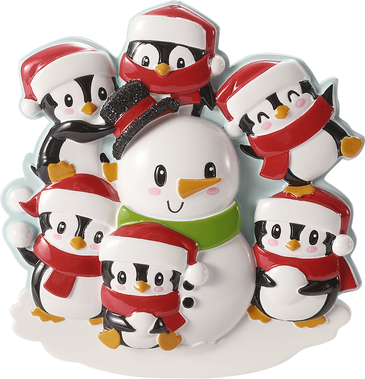 Penguin Family Building a Snowman Personalized Ornament