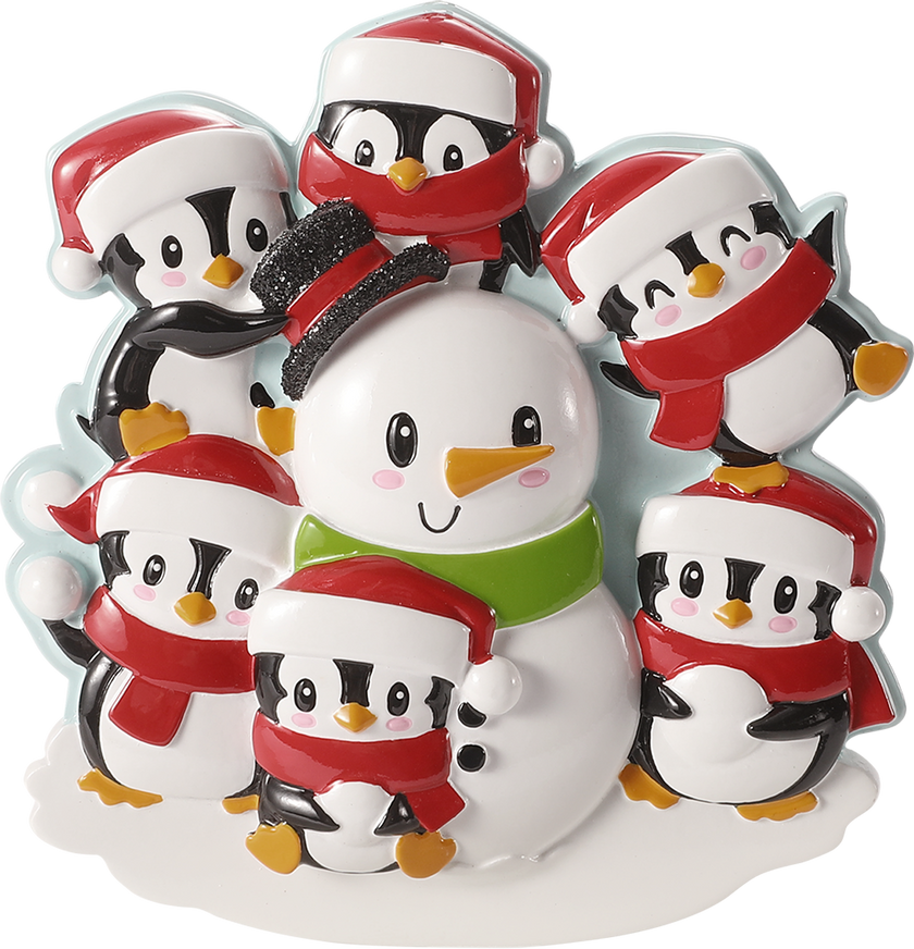 Penguin Family Building a Snowman Personalized Ornament