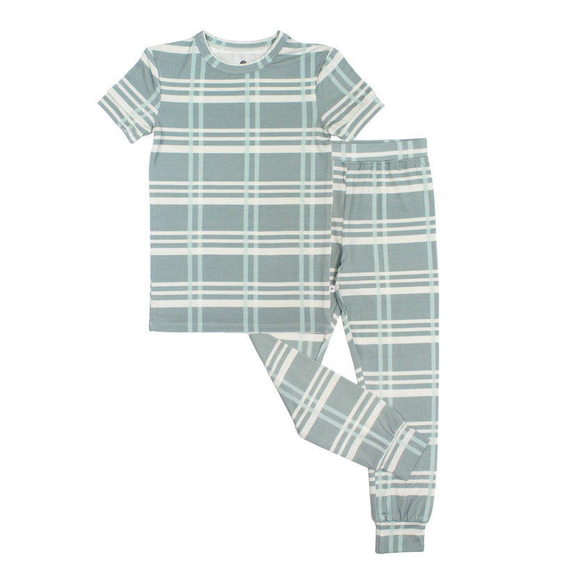 Blue Plaid Two-Piece Bamboo Short Sleeve Pajama Kids Pants Set