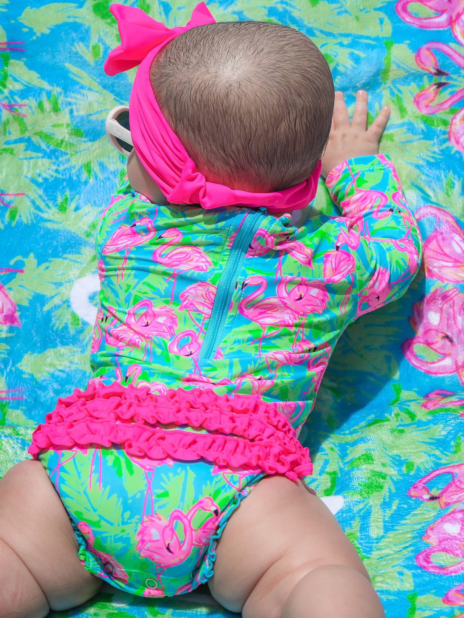 Baby Girls Neon Flamingo Fun Long Sleeve One Piece Rash Guard Swimsuit