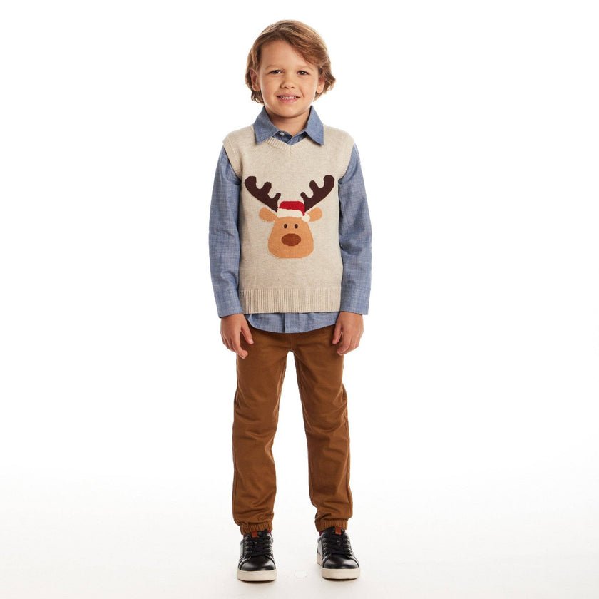 Kids Sweater Vest Holiday Set | Beige Reindeer