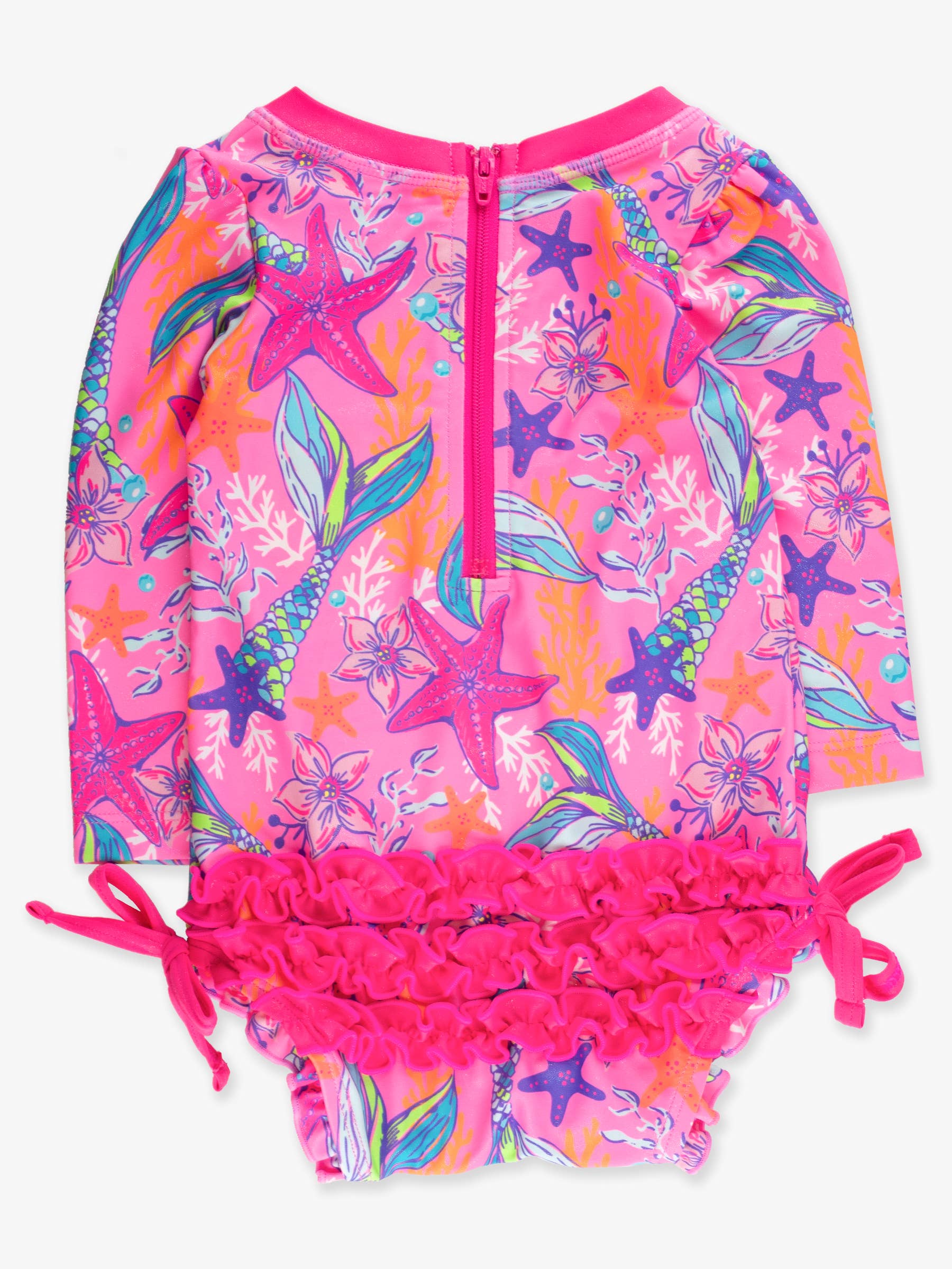 Baby Girls Neon Shimmer Mermaid Long Sleeve One Piece Rash Guard Swimsuit with Signature Rear Ruffles