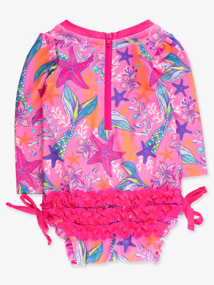 Baby Girls Neon Shimmer Mermaid Long Sleeve One Piece Rash Guard Swimsuit with Signature Rear Ruffles