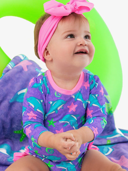 Baby Girls Neon Fin Friends Long Sleeve One Piece Rash Guard Swimsuit with Signature Rear Ruffles