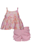 Pink Floral Top and Plaid Shorts Set