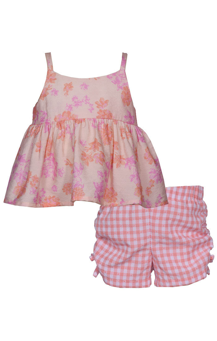 Pink Floral Top and Plaid Shorts Set