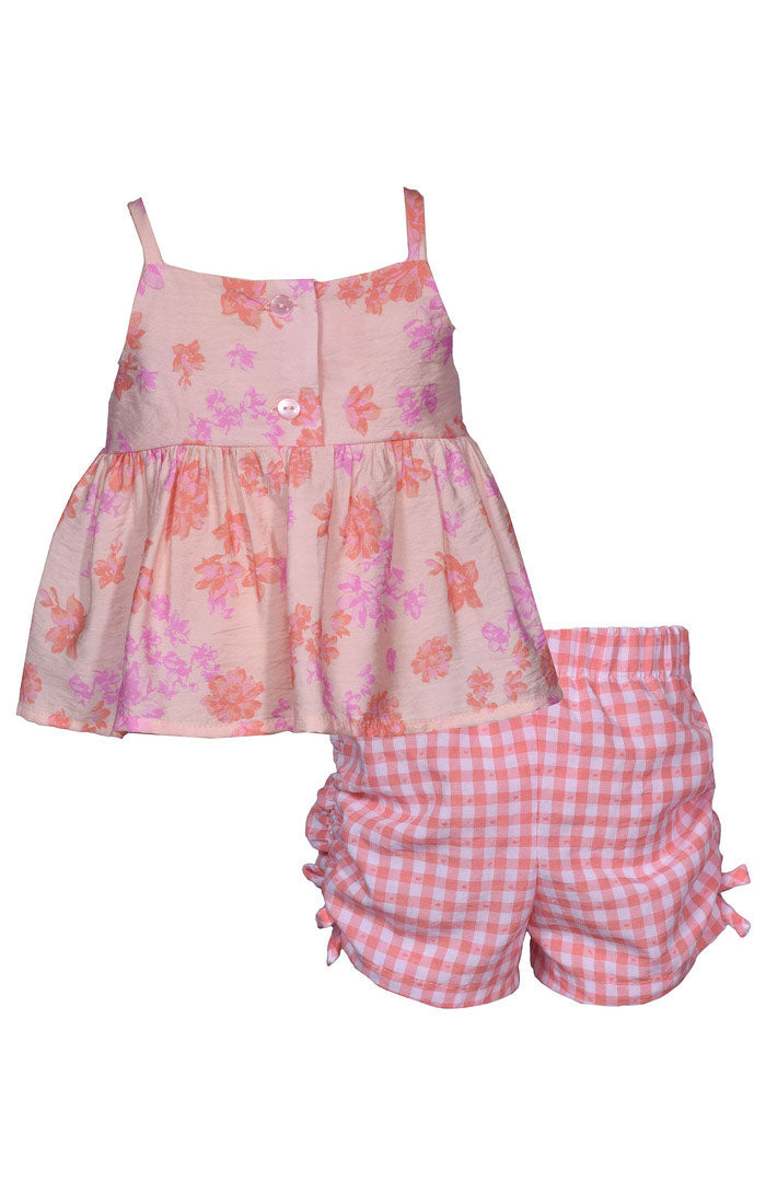 Pink Floral Top and Plaid Shorts Set