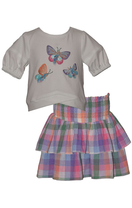 Butterfly Applique Shirt and Plaid Skirt Set