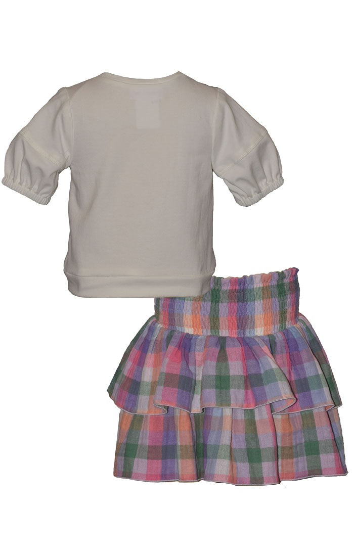 Butterfly Applique Shirt and Plaid Skirt Set