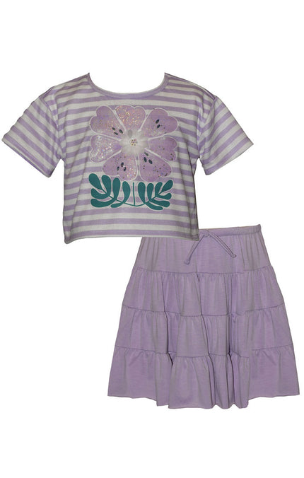 Purple Daisy Striped Top and Skirt Set