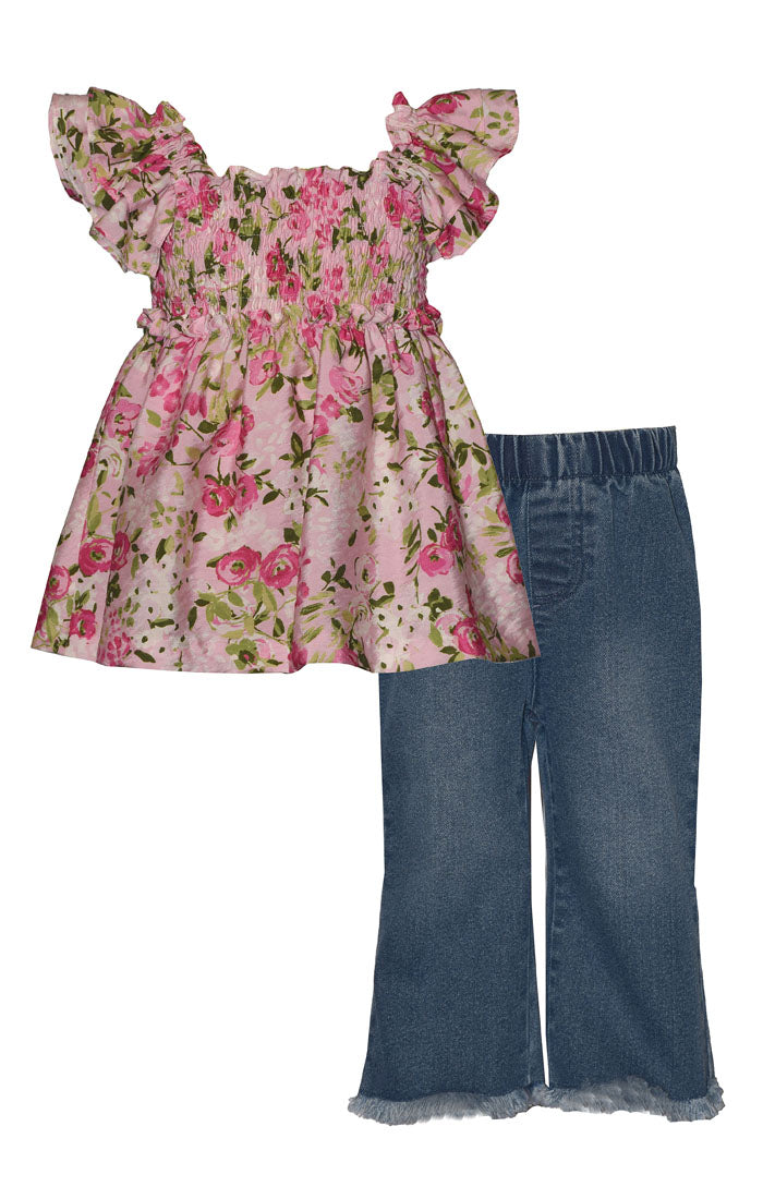 Pink Floral Smocked Top and Denim Pants Set