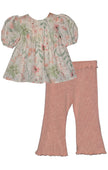 Floral Puff Sleeve Top and Peach Flare Pants Set